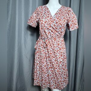 Madewell Blue Floral Cotton Wrap Dress Short Sleeve Tie Waist Size M
